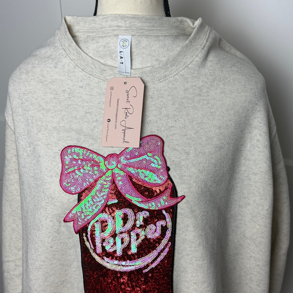 NWT XL dr.pepper lover bow pullover crewneck sweatshirt heather oatmeal coquette - Picture 7 of 10